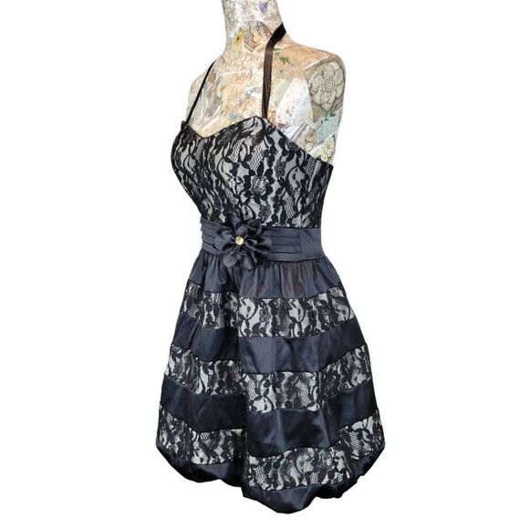 Cocktail Party Evening Black Lacey Layers Satin Strapless Sweetheart Mini Dress - Picture 8 of 11